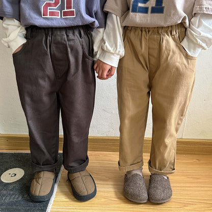 -キッズ シンプル ベーシック ロング ストレート パンツ カーキ ダークグレー ボーイズ【mh0002447】 - mamahalo shop - ロングパンツ・スウェットパンツ -  べビー服 - 子供服 - 男の子 - 女の子