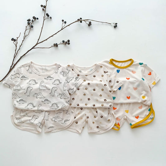 -キッズ 半袖 プリント セットアップ パジャマ Tシャツ ショートパンツ フラワー 恐竜 ダイナソー くま ベア - mamahalo shop - 半袖パジャマ -  べビー服 - 子供服 - 男の子 - 女の子