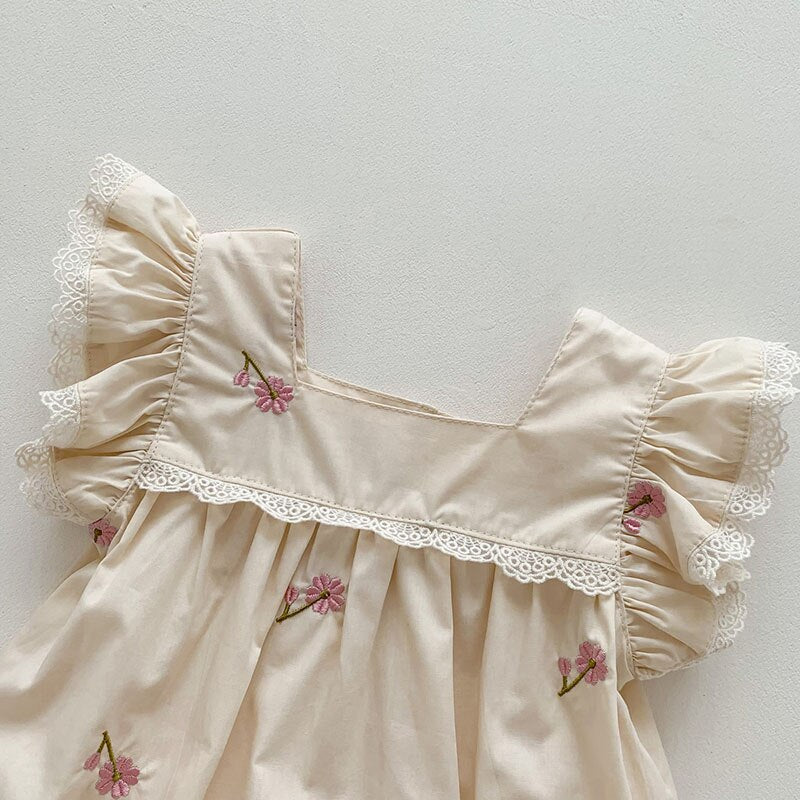 -ベビー フラワー 花柄 刺繍 フリルスリーブ ロンパース - mamahalo shop - ノースリーブロンパース -  べビー服 - 子供服 - 男の子 - 女の子