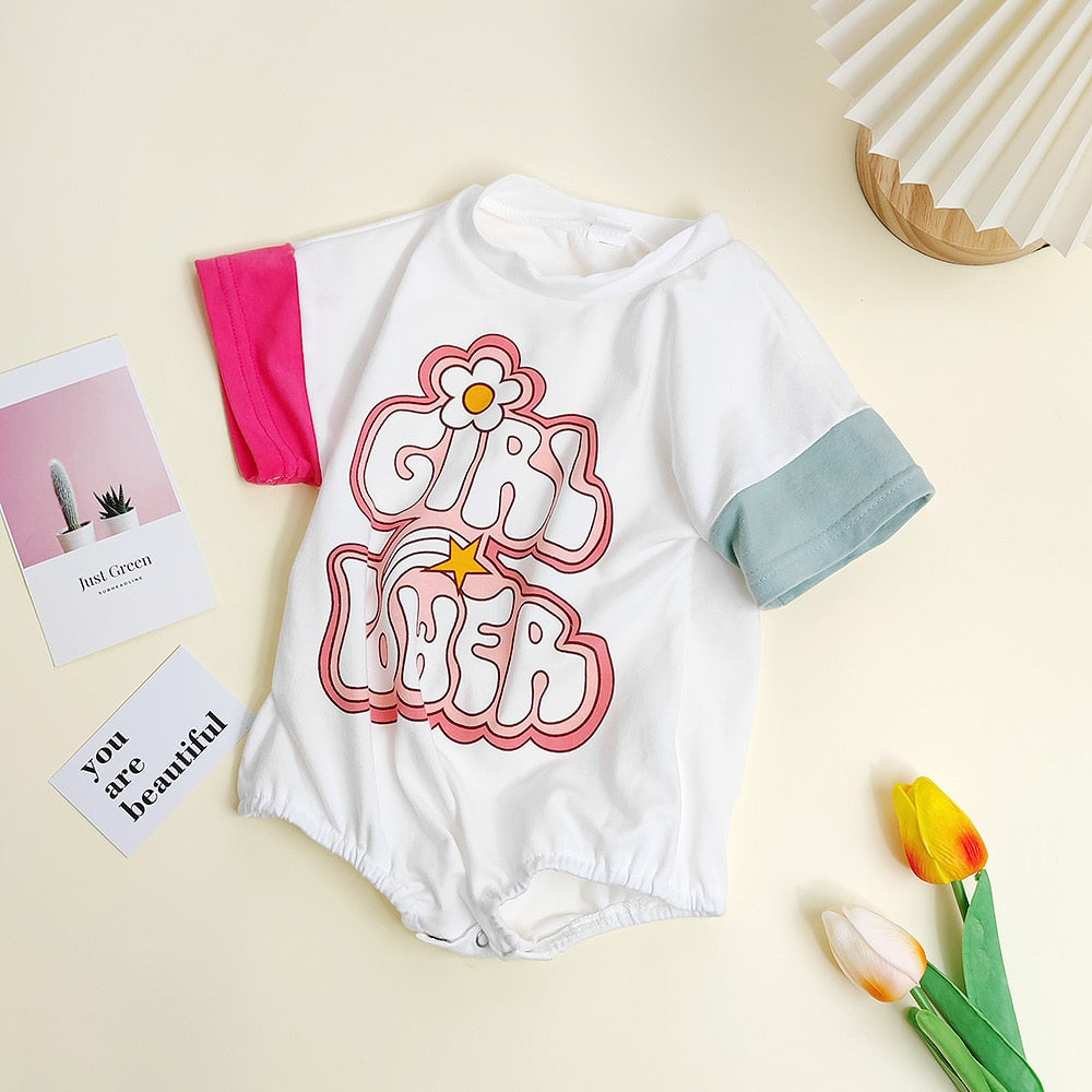 -ベビー グラフィティ レターロゴ プリント パッチワーク 半袖 ロンパース ホワイト ガールズ【mh0002011】 - mamahalo shop - 半袖ロンパース -  べビー服 - 子供服 - 男の子 - 女の子