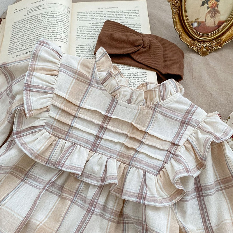 -ベビー フラワー チェック フリル スタンドカラー 長袖 ロンパース - mamahalo shop - 長袖ロンパース -  べビー服 - 子供服 - 男の子 - 女の子