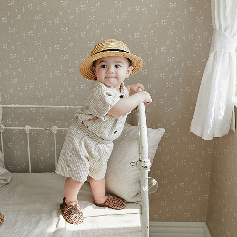 -ベビー キッズ サマー セットアップ ストライプ チェック 半袖 シャツ ブラウス ショートパンツ ベージュ ユニセックス - mamahalo shop - 半袖セットアップ -  べビー服 - 子供服 - 男の子 - 女の子