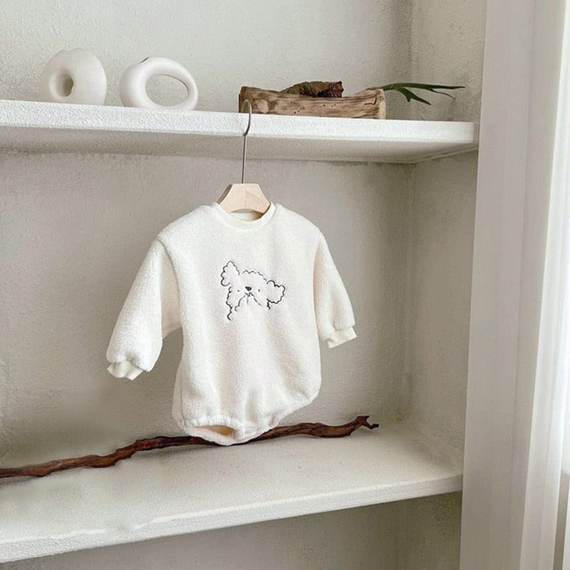 -ベビー プードル 犬 ボア フリース  長袖 ロンパース 耳帽子 セット - mamahalo shop - 長袖ロンパース -  べビー服 - 子供服 - 男の子 - 女の子