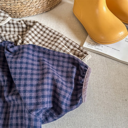 -キッズ チェック ダブルボタン 長袖 ルーズ シャツ ブラウス - mamahalo shop - 長袖シャツ・ブラウス -  べビー服 - 子供服 - 男の子 - 女の子