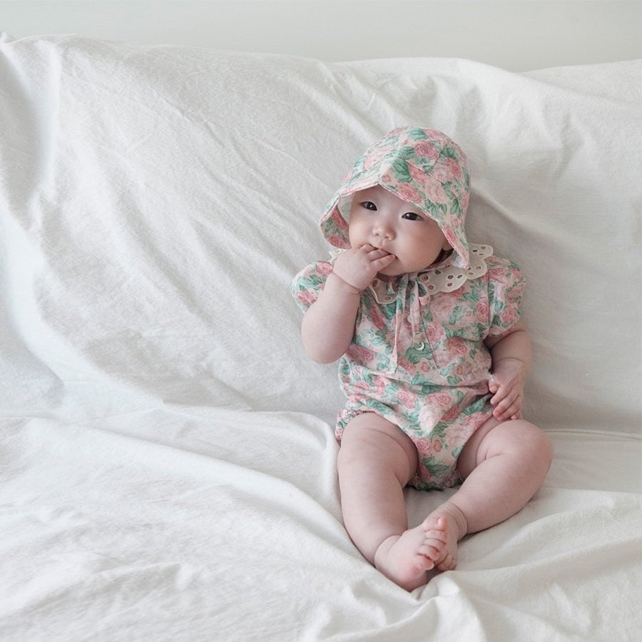 -ベビー ローズ フラワー レースカラー 半袖 ロンパース ボンネット 帽子 セット【mh0001943】 - mamahalo shop - 半袖ロンパース -  べビー服 - 子供服 - 男の子 - 女の子