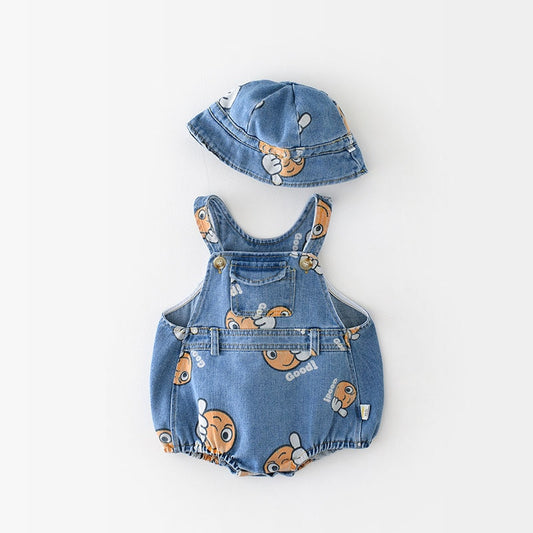 -ベビー プリント デニム オーバーオール サスペンダー ロンパース 帽子 セット - mamahalo shop - オーバーオール -  べビー服 - 子供服 - 男の子 - 女の子