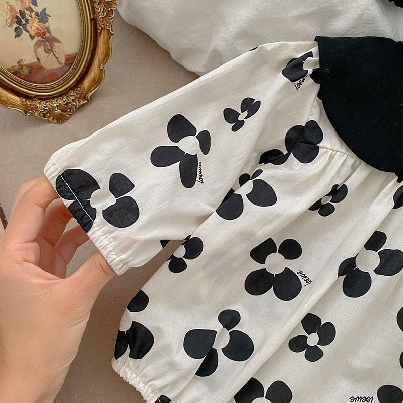 ベビー モノトーン レトロフラワー 長袖 ロンパース ヘアバンド セット - mamahalo shop - 長袖ロンパース - ベビー服 - 子供服 - 男の子 - 女の子