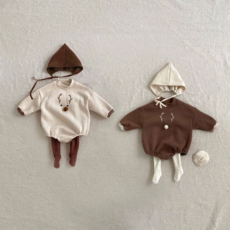 -ベビー トナカイ 裏フリース 長袖 ロンパース とんがり 帽子【mh0001176】 - mamahalo shop - 長袖ロンパース -  べビー服 - 子供服 - 男の子 - 女の子