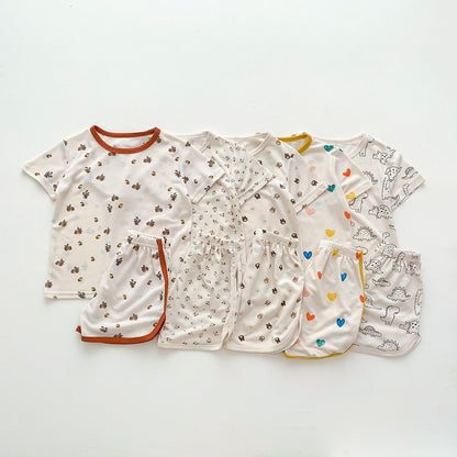 -キッズ 半袖 プリント セットアップ パジャマ Tシャツ ショートパンツ フラワー 恐竜 ダイナソー くま ベア - mamahalo shop - 半袖パジャマ -  べビー服 - 子供服 - 男の子 - 女の子