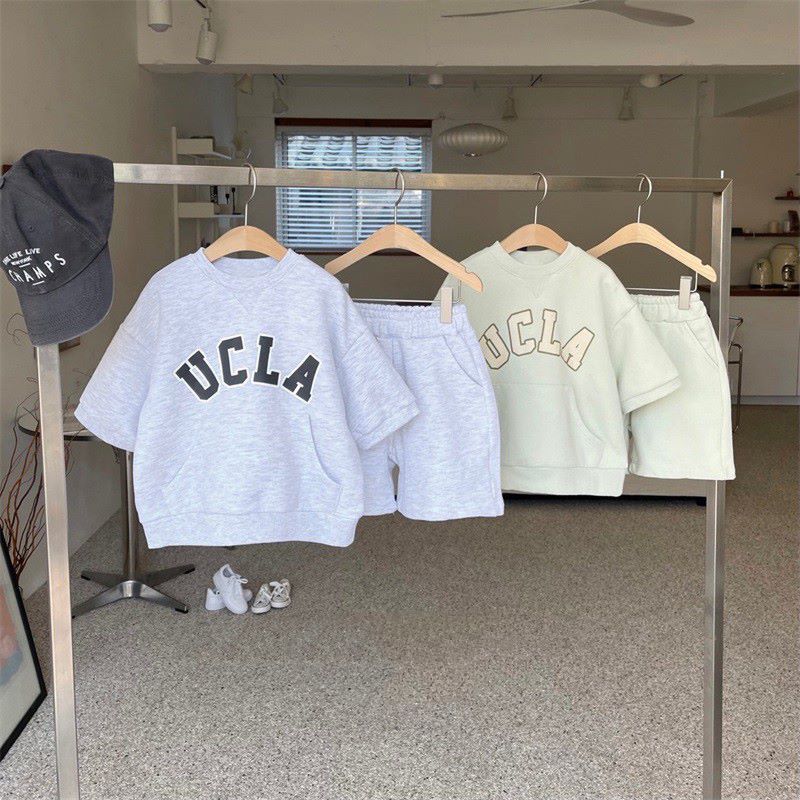 -キッズ UCLA レターロゴ スウェット セットアップ 半袖 トップス ショートパンツ グレー グリーン ユニセックス【mh0002274】 - mamahalo shop - 半袖セットアップ -  べビー服 - 子供服 - 男の子 - 女の子