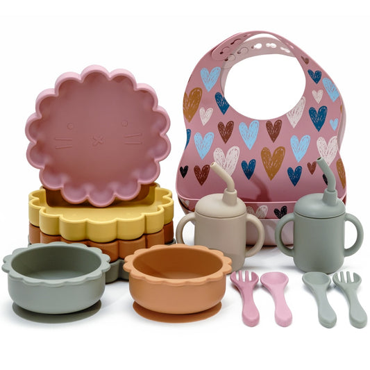 -6個セット シリコン セット ベビー ビブ 吸盤 ボウル カップ トレーニング スプーン フォーク - mamahalo shop - ベビーキッズ食器 -  べビー服 - 子供服 - 男の子 - 女の子