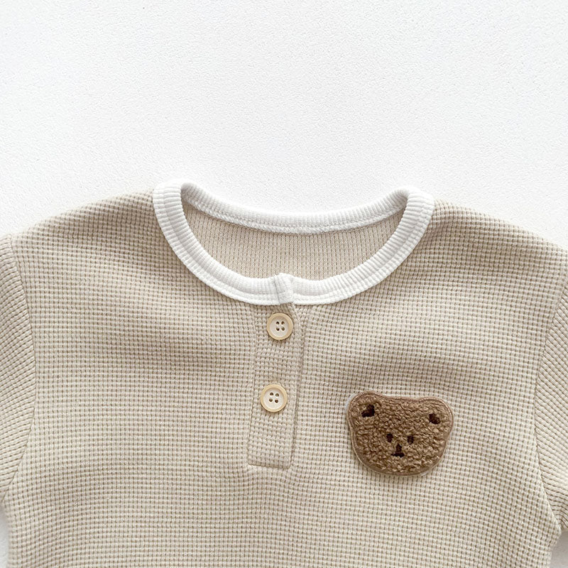 -ベビー ワッフル くま ベア 長袖 ロンパース ボンネット 帽子 セット - mamahalo shop - 長袖ロンパース -  べビー服 - 子供服 - 男の子 - 女の子