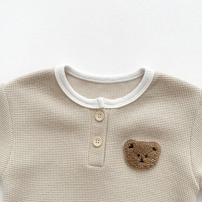-ベビー ワッフル くま ベア 長袖 ロンパース ボンネット 帽子 セット - mamahalo shop - 長袖ロンパース -  べビー服 - 子供服 - 男の子 - 女の子
