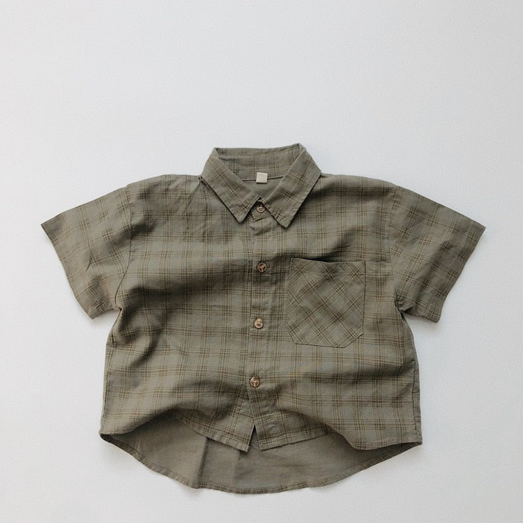 -キッズ チェック 半袖 シャツ ルーズ パンツ - mamahalo shop - 半袖シャツ・ブラウス -  べビー服 - 子供服 - 男の子 - 女の子