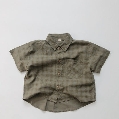 -キッズ チェック 半袖 シャツ ルーズ パンツ - mamahalo shop - 半袖シャツ・ブラウス -  べビー服 - 子供服 - 男の子 - 女の子