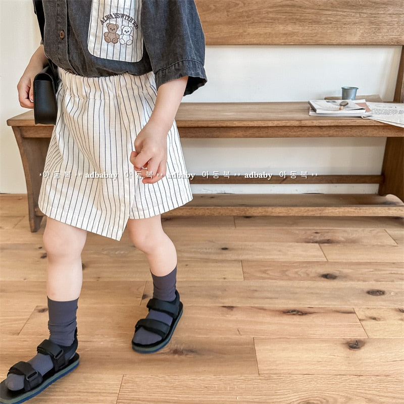 -キッズ ストライプ ラップ ショートパンツ ベージュ ブルー ガールズ - mamahalo shop - ハーフパンツ・ショートパンツ -  べビー服 - 子供服 - 男の子 - 女の子