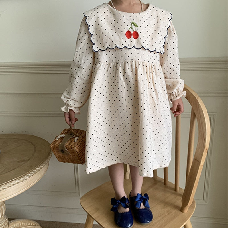 -キッズ みずたま チェリー 刺繍 長袖 ワンピース - mamahalo shop - 長袖ワンピース -  べビー服 - 子供服 - 男の子 - 女の子