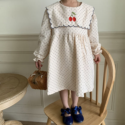 -キッズ みずたま チェリー 刺繍 長袖 ワンピース - mamahalo shop - 長袖ワンピース -  べビー服 - 子供服 - 男の子 - 女の子