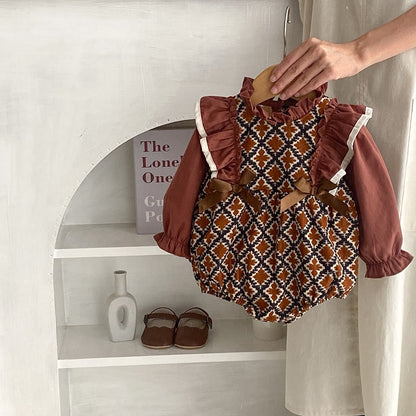 -ベビー リボン フリル スタンドカラー 長袖 ドッキング ロンパース ドレス お出かけ ガールズ【mh0002667】 - mamahalo shop - 長袖ロンパース -  べビー服 - 子供服 - 男の子 - 女の子