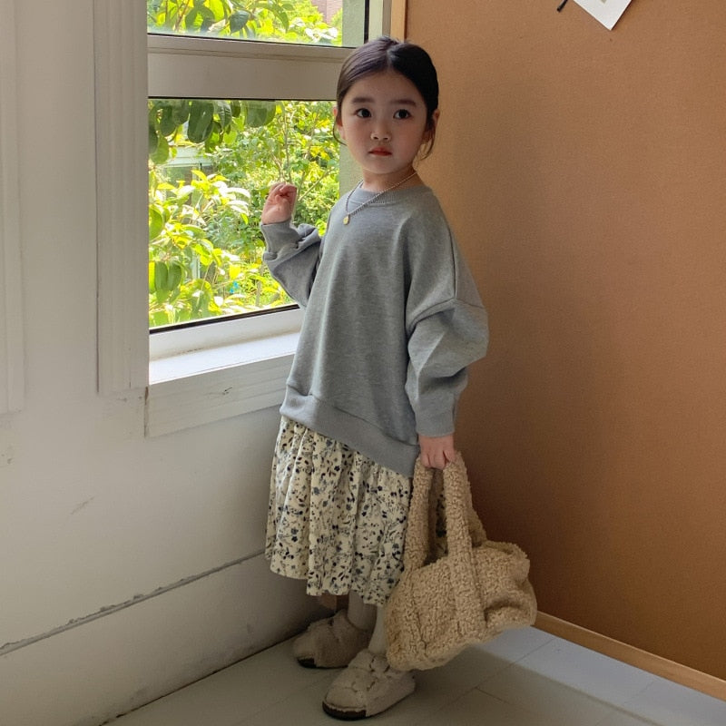 -キッズ ドッキング スウェット フラワー スカート ワンピース - mamahalo shop - 長袖ワンピース -  べビー服 - 子供服 - 男の子 - 女の子