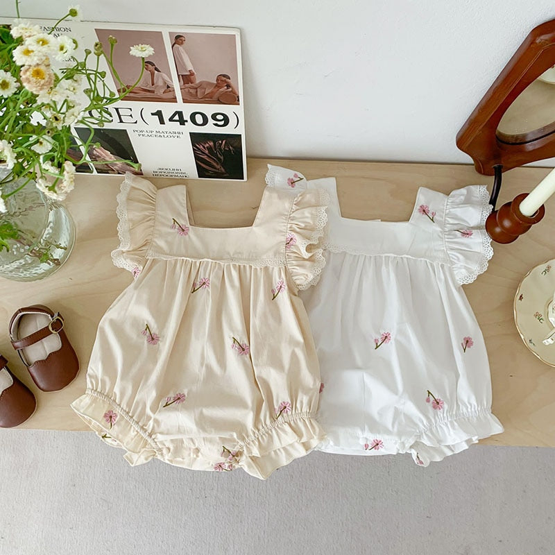 -ベビー フラワー 花柄 刺繍 フリルスリーブ ロンパース - mamahalo shop - ノースリーブロンパース -  べビー服 - 子供服 - 男の子 - 女の子