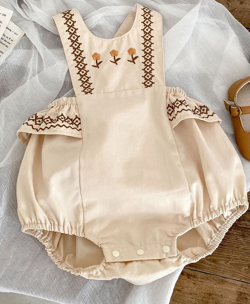 ベビー 刺繍 ステッチ フラワー ノースリーブ ロンパース 半袖 ブラウス シャツ トップス - mamahalo shop - ノースリーブロンパース - ベビー服 - 子供服 - 男の子 - 女の子