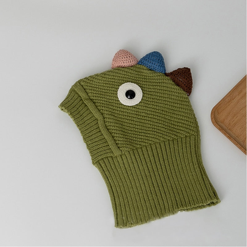 -キッズ ニット ダイナソー 恐竜 フーディ フード ケープ スカーフ キャップ 帽子 - mamahalo shop - ベビー用帽子 -  べビー服 - 子供服 - 男の子 - 女の子