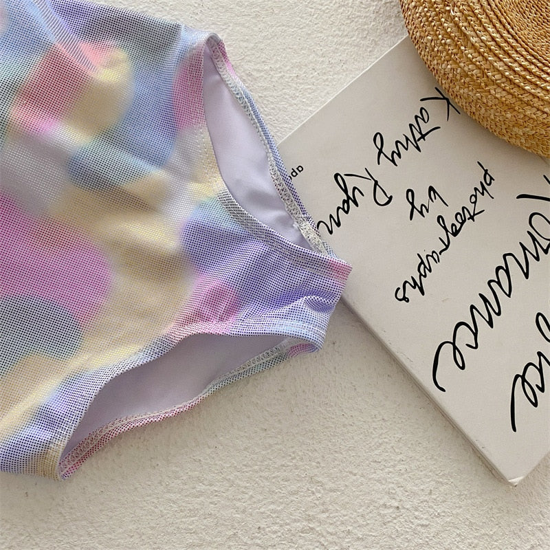 -キッズ 水着 ワンピース レインボー フリル リボン 帽子 セット スイムウェア【mh0001890】 - mamahalo shop - ベビー用水着 -  べビー服 - 子供服 - 男の子 - 女の子