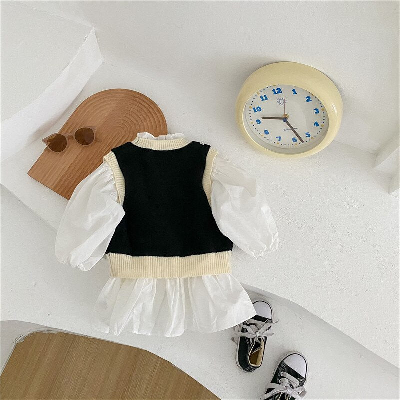 -キッズ セットアップ 長袖 スタンドカラー フリル ワンピース ニット リボン ベスト - mamahalo shop - 長袖セットアップ -  べビー服 - 子供服 - 男の子 - 女の子