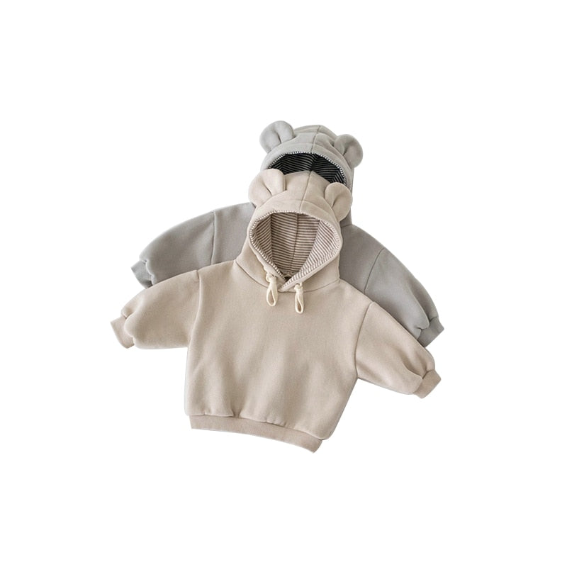 -ベビー キッズ くま耳 フーディ スウェット セットアップ トップス パンツ ボーダーパッチ - mamahalo shop - 長袖セットアップ -  べビー服 - 子供服 - 男の子 - 女の子