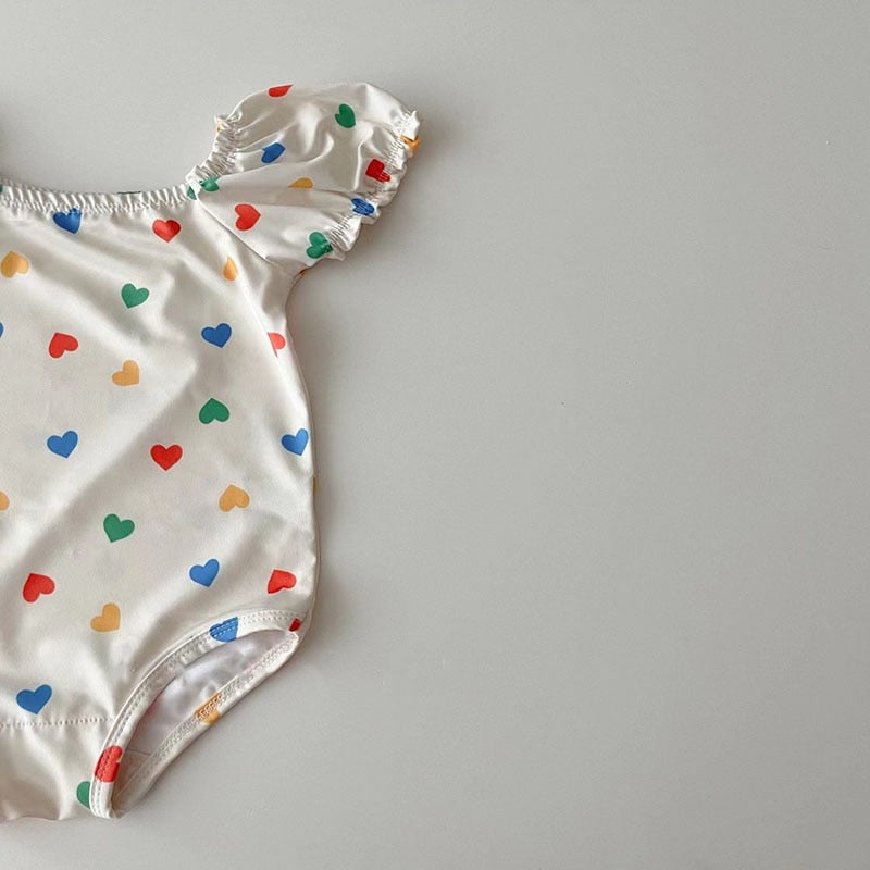 -ベビー ガールズ 水着 カラフル ハート みずたま チェック ワンピース 半袖 パフスリーブ 帽子 セット スイムウェア【mh0001812】 - mamahalo shop - ベビー用水着 -  べビー服 - 子供服 - 男の子 - 女の子