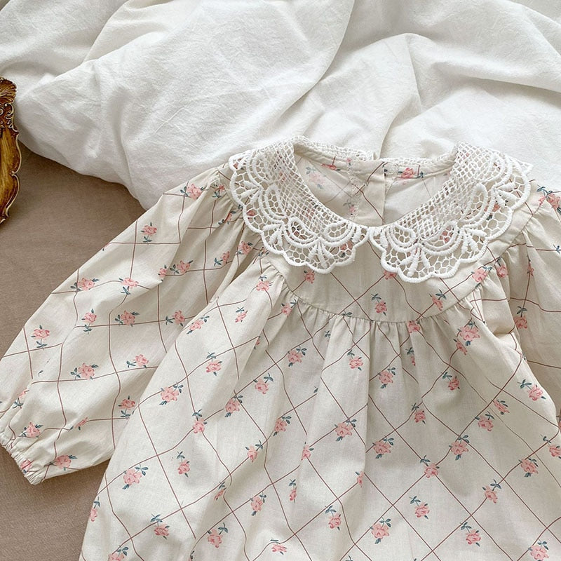 ベビー レース襟 フラワー チェック 長袖 ロンパース - mamahalo shop - 長袖ロンパース - ベビー服 - 子供服 - 男の子 - 女の子
