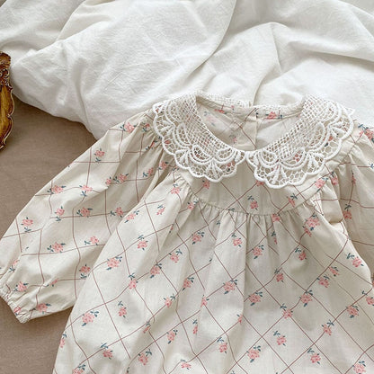 ベビー レース襟 フラワー チェック 長袖 ロンパース - mamahalo shop - 長袖ロンパース - ベビー服 - 子供服 - 男の子 - 女の子