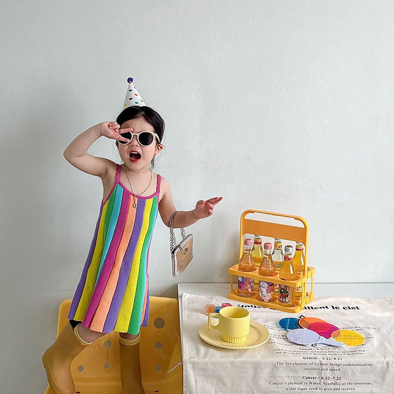 -キッズ カラフル ストライプ キャミソール ワンピース - mamahalo shop - ノースリーブワンピース -  べビー服 - 子供服 - 男の子 - 女の子