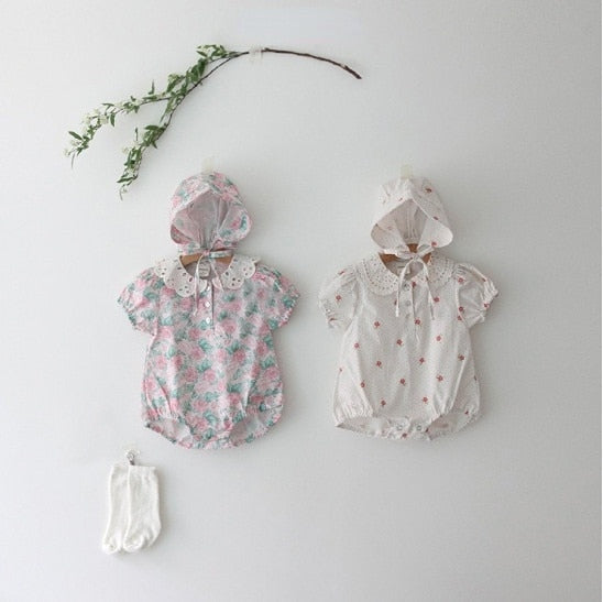 -ベビー ローズ フラワー レースカラー 半袖 ロンパース ボンネット 帽子 セット【mh0001943】 - mamahalo shop - 半袖ロンパース -  べビー服 - 子供服 - 男の子 - 女の子