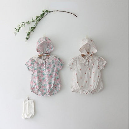 -ベビー ローズ フラワー レースカラー 半袖 ロンパース ボンネット 帽子 セット【mh0001943】 - mamahalo shop - 半袖ロンパース -  べビー服 - 子供服 - 男の子 - 女の子