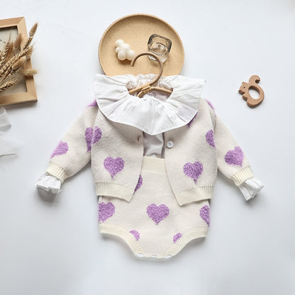 -ベビー ニット セットアップ ハート サスペンダー ブルマ カーディガン 長袖 フリルカラー Tシャツ パープル ピンク ガールズ【mh0002270】 - mamahalo shop - 長袖セットアップ -  べビー服 - 子供服 - 男の子 - 女の子