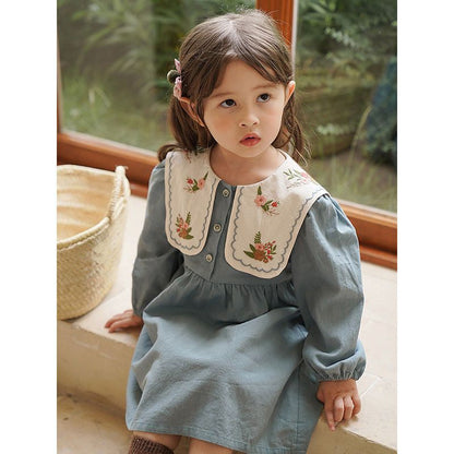 -☺︎ キッズ フラワー 刺繍 ビッグカラー 長袖 ワンピース - mamahalo shop - 長袖ワンピース -  べビー服 - 子供服 - 男の子 - 女の子