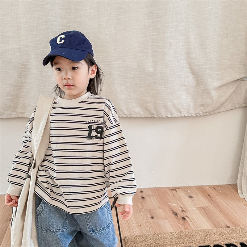 -キッズ ボーダー プリント 長袖 ルーズ Tシャツ トップス - mamahalo shop - 長袖Tシャツ -  べビー服 - 子供服 - 男の子 - 女の子