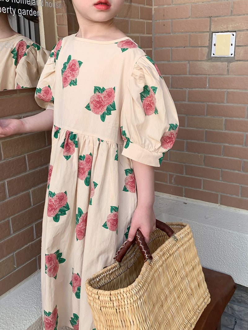 -キッズ ローズ フラワー 半袖 ワンピース シャツ ブラウス ハーフパンツ リンク 兄弟 姉妹 お揃い コーデ - mamahalo shop - 半袖ワンピース -  べビー服 - 子供服 - 男の子 - 女の子