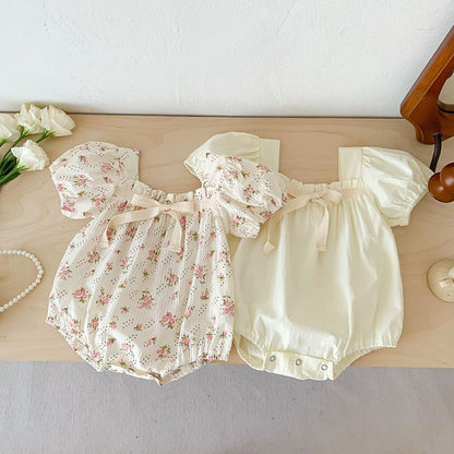 -☺︎ ベビー フラワー 無地 リボン パフスリーブ 半袖 ロンパース - mamahalo shop - 半袖ロンパース -  べビー服 - 子供服 - 男の子 - 女の子