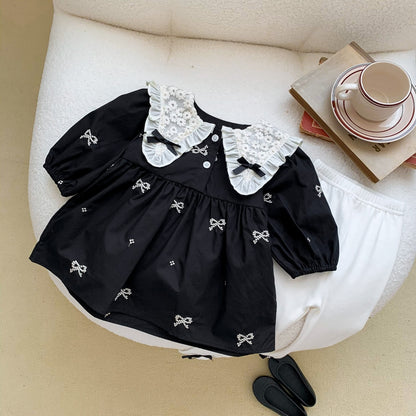 -☺︎ ベビー フラワー レース リボン 長袖 ロンパース ワンピース 足つきレギンスパンツ タイツ - mamahalo shop - 長袖ロンパース -  べビー服 - 子供服 - 男の子 - 女の子