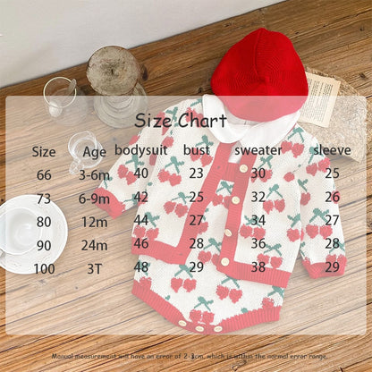 -ベビー ニット セットアップ ハート チェリー さくらんぼ カーディガン サスペンダー ロンパース - mamahalo shop - ロンパースセットアップ -  べビー服 - 子供服 - 男の子 - 女の子