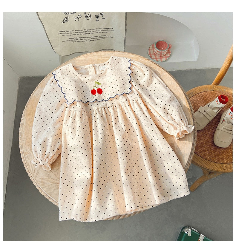 -キッズ みずたま チェリー 刺繍 長袖 ワンピース - mamahalo shop - 長袖ワンピース -  べビー服 - 子供服 - 男の子 - 女の子