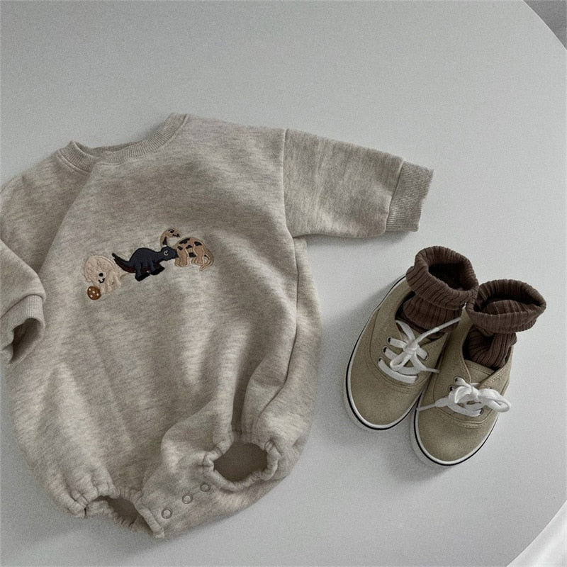 -☺︎ ベビー 恐竜 ダイナソー 刺繍 裏起毛 長袖 ロンパース - mamahalo shop - 長袖ロンパース -  べビー服 - 子供服 - 男の子 - 女の子
