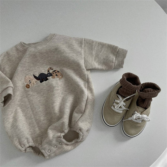 -☺︎ ベビー 恐竜 ダイナソー 刺繍 裏起毛 長袖 ロンパース - mamahalo shop - 長袖ロンパース -  べビー服 - 子供服 - 男の子 - 女の子