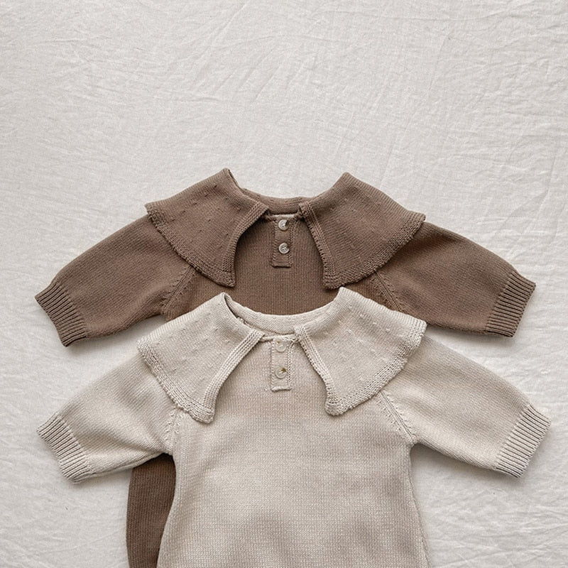 -ベビー ニット ビッグカラー 長袖 ジャンプスーツ 帽子 セット - mamahalo shop - 長袖ロンパース -  べビー服 - 子供服 - 男の子 - 女の子