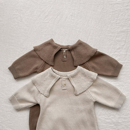 -ベビー ニット ビッグカラー 長袖 ジャンプスーツ 帽子 セット - mamahalo shop - 長袖ロンパース -  べビー服 - 子供服 - 男の子 - 女の子