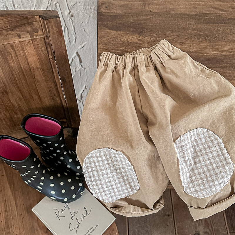 -キッズ チェック 膝パッチ ルーズ パンツ ズボン - mamahalo shop - ロングパンツ・スウェットパンツ -  べビー服 - 子供服 - 男の子 - 女の子