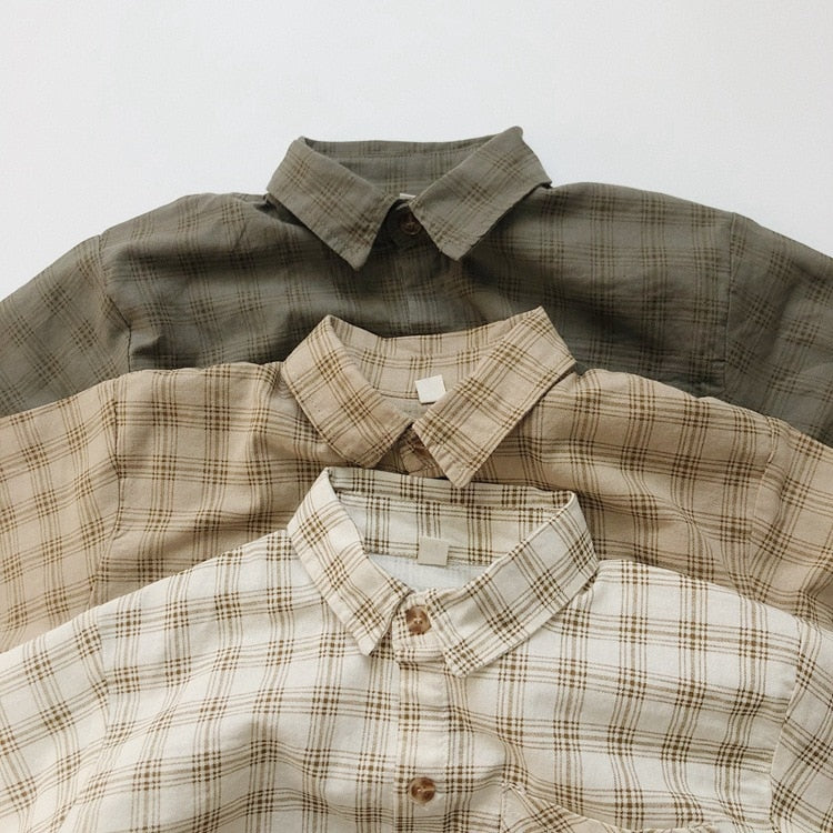 -キッズ チェック 半袖 シャツ ルーズ パンツ - mamahalo shop - 半袖シャツ・ブラウス -  べビー服 - 子供服 - 男の子 - 女の子